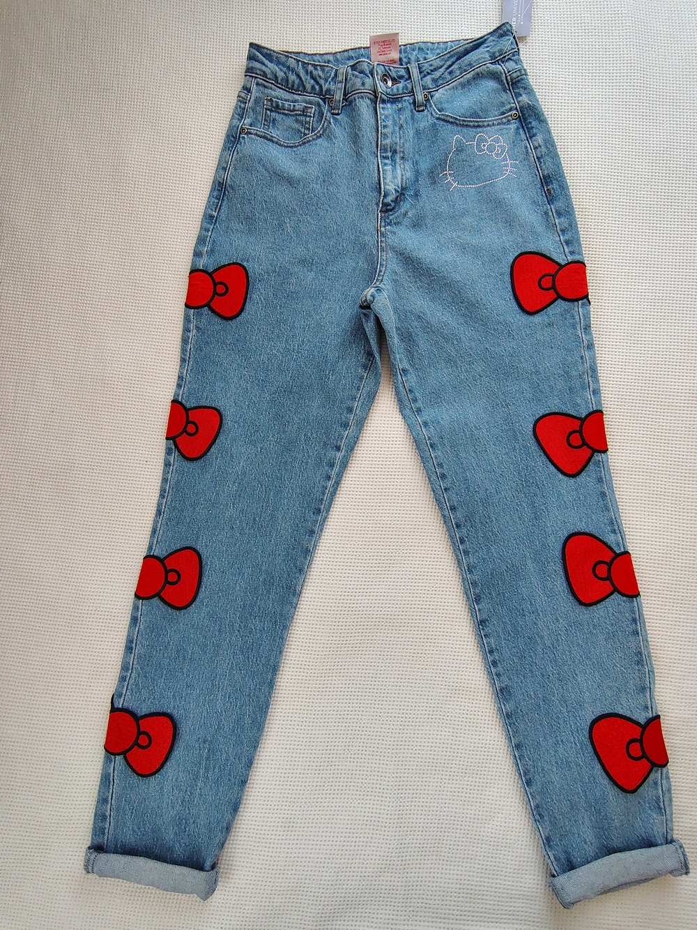 Hello Kitty Light Blue High-Rise Jeans with Red Bow Appliqués